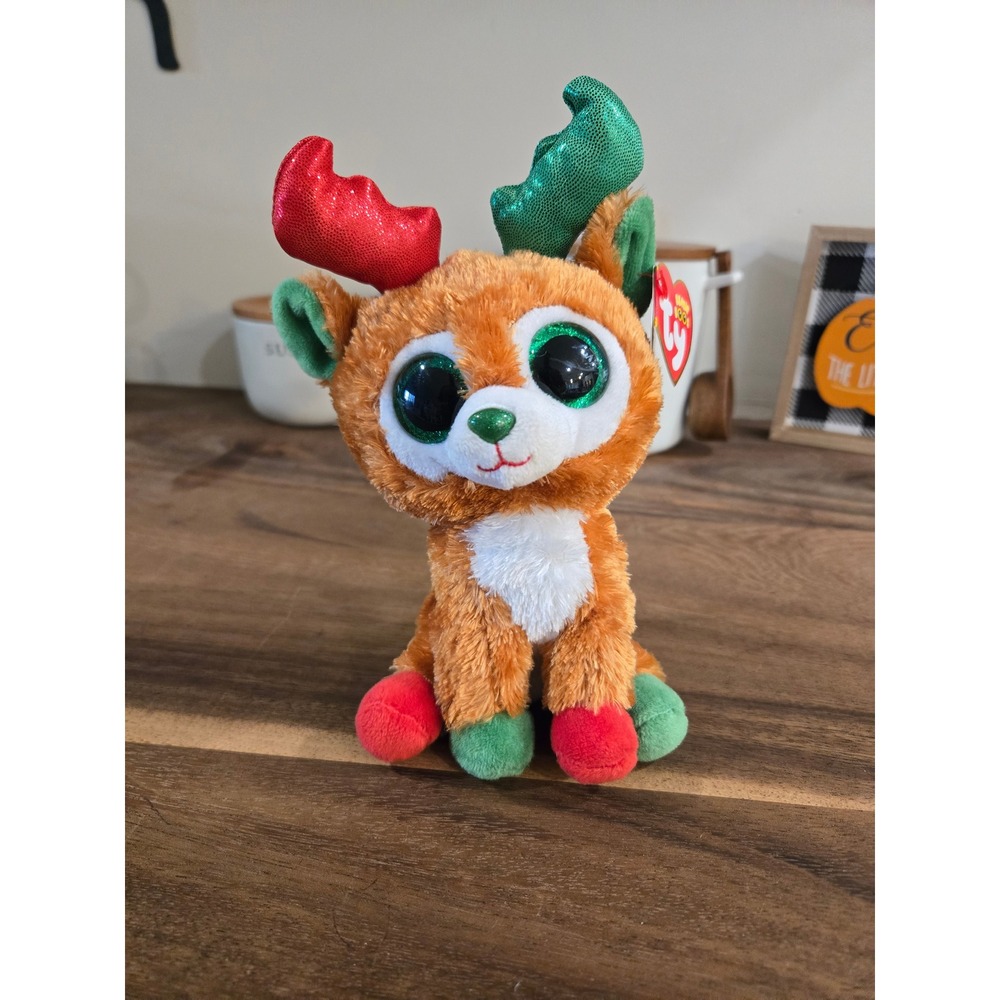 Ty Beanie Boos Tinseltoes Reindeer Christmas Plush Brown Red Green 6 inch 36294